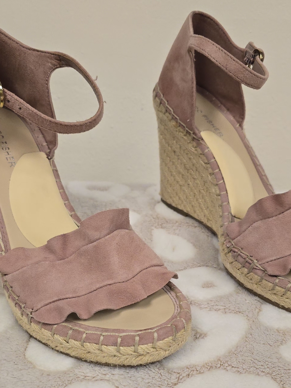 Marc Fisher Mauve Suede Ruffle Espadrille Wedges